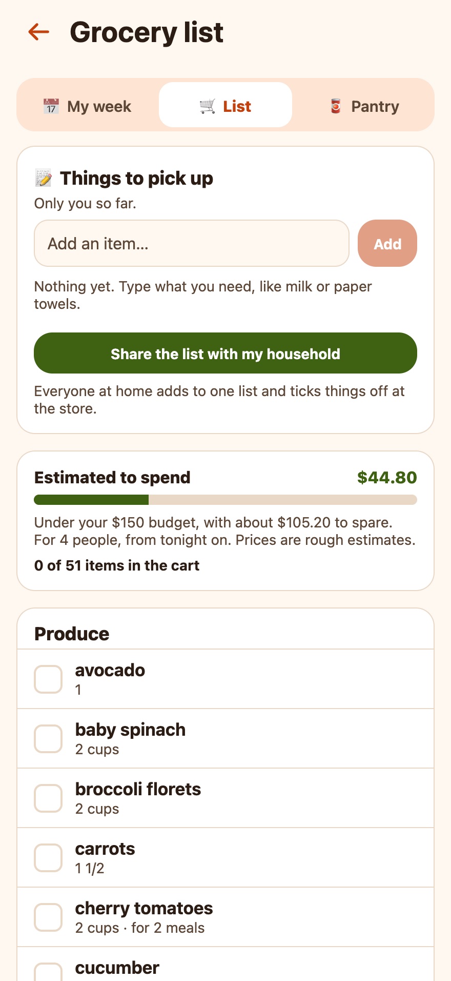 Grocery list sorted by aisle