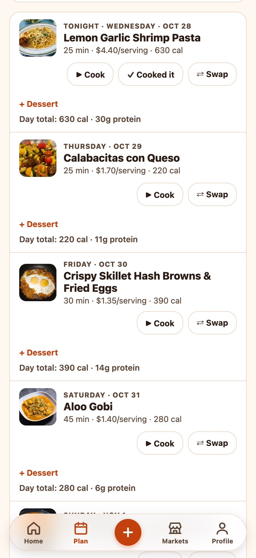 A week of planned dinners